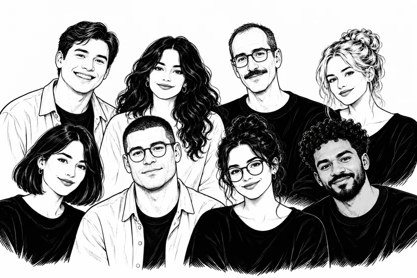 A chest-up group portrait of eight teammates in two rows, with varied hairstyles and glasses.