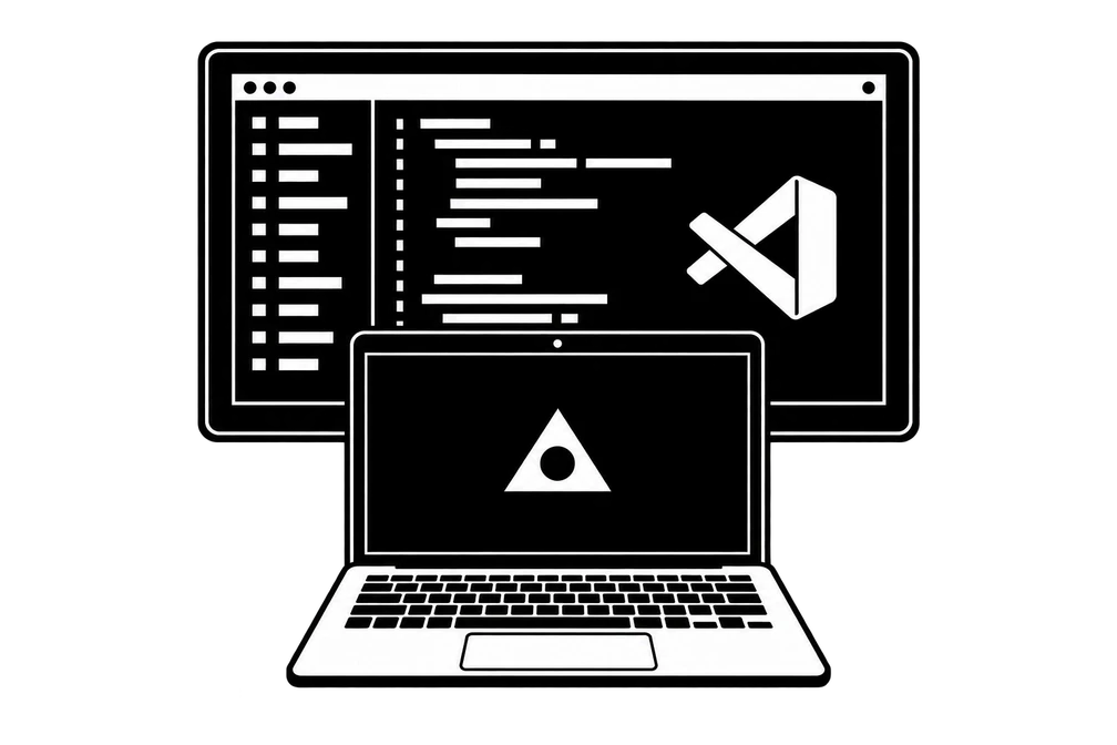 A front-facing laptop with the DeveloperOne logo, centred in front of a monitor displaying VS Code.